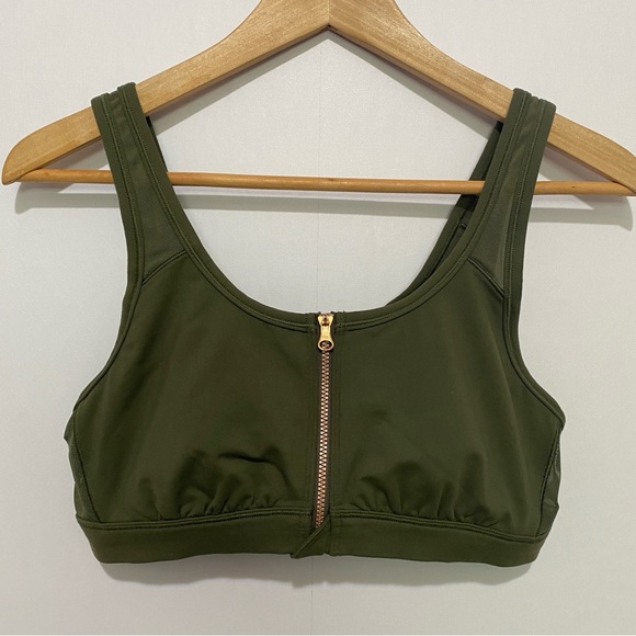 Aerie Olive Green Zip Front Sports Bra Size L Wireless Mesh Panel Activewear - Picture 1 of 7